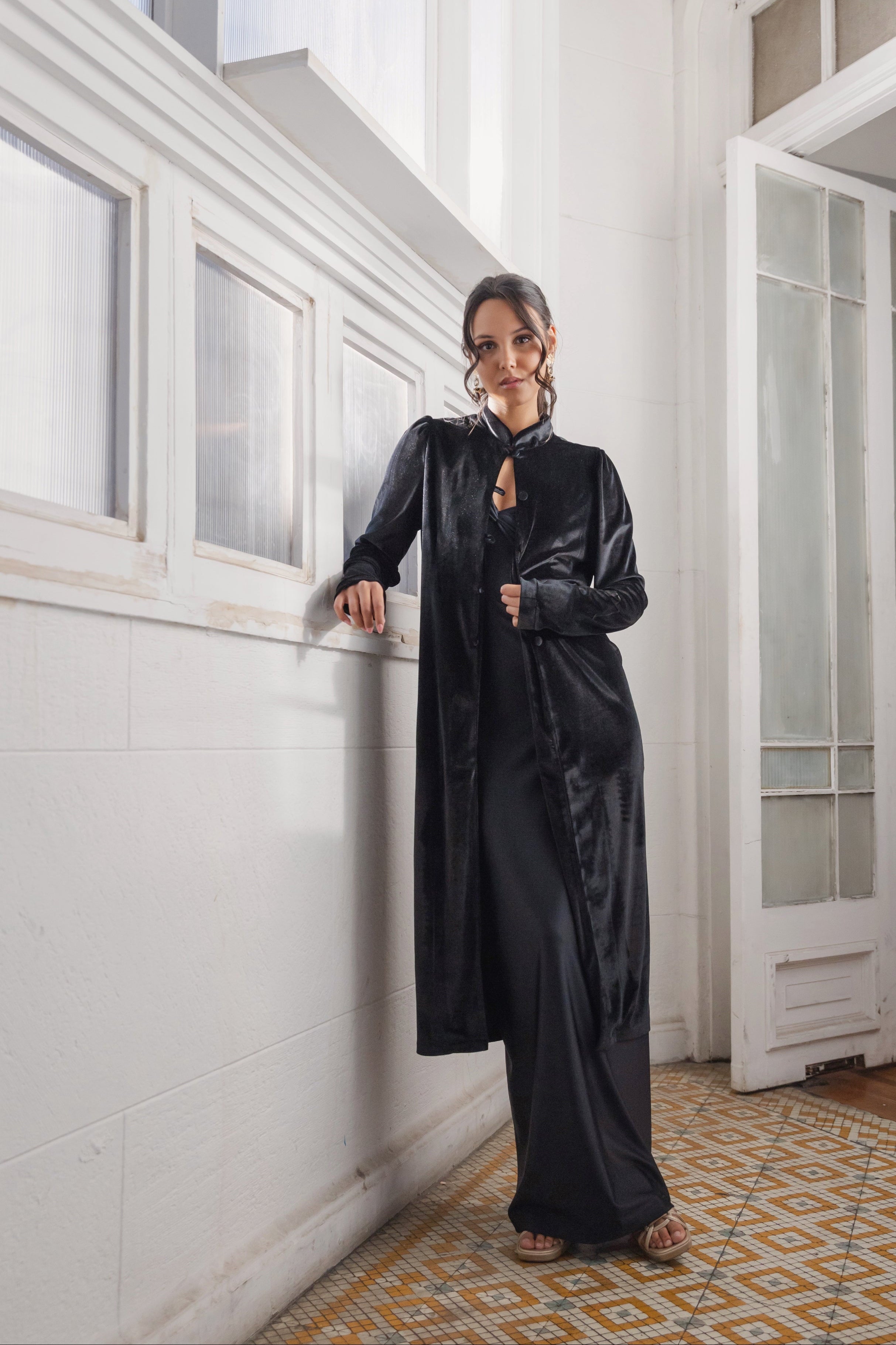 Kimono Terciopelo Malva Negro