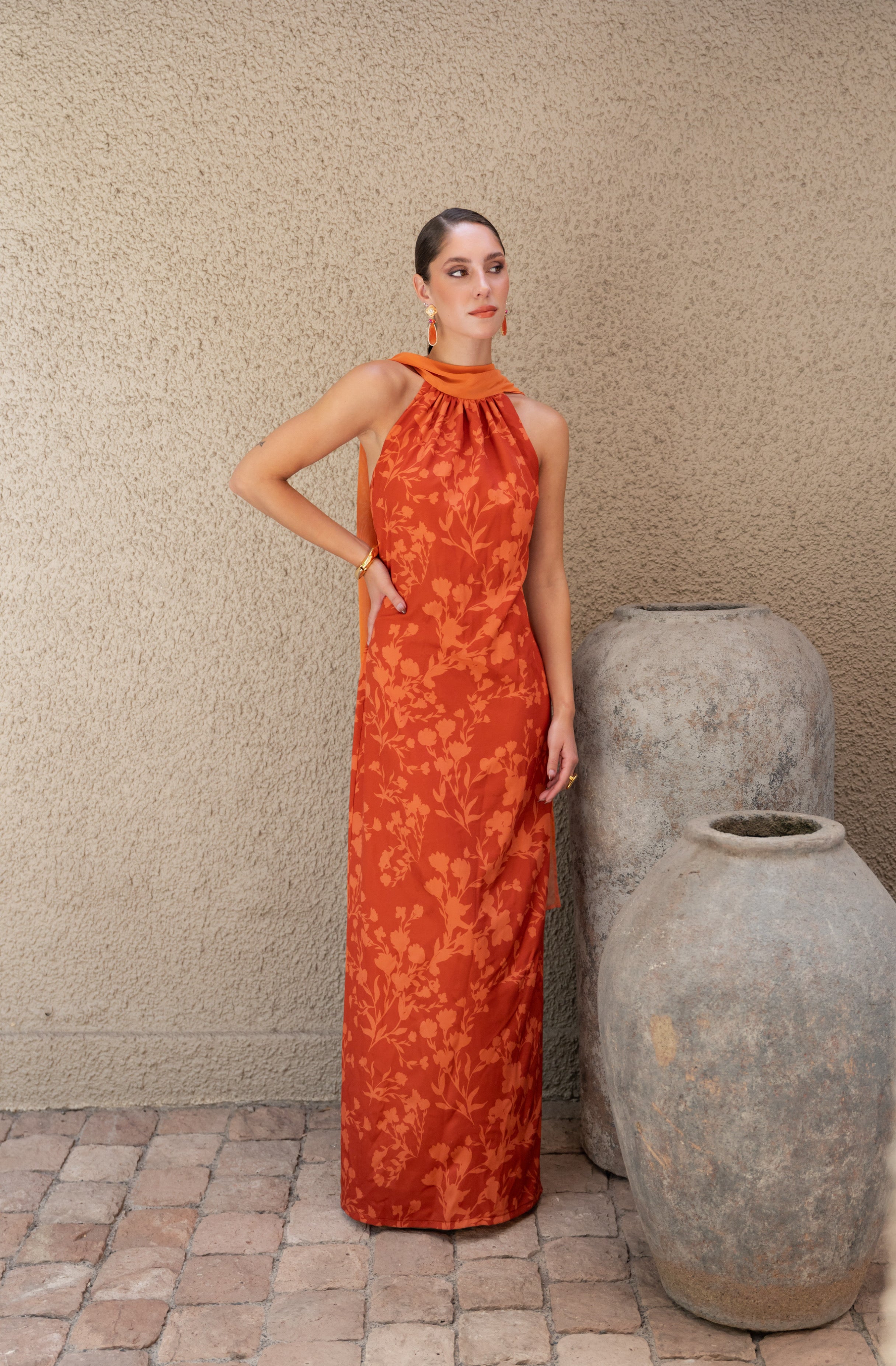 Vestido Fiesta Valentina Terracota Print